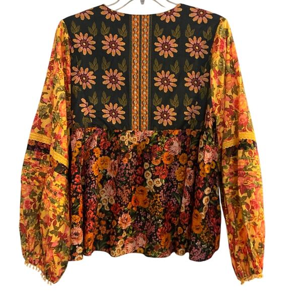 FARM Rio Women's Size XL Yellow Black Floral Vibrant Flowers Garden Blouse - Picture 3 of 14